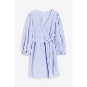 H&M Blue White Striped Linen Blend Coastal Long Sleeve Wrap Mini Dress Size L